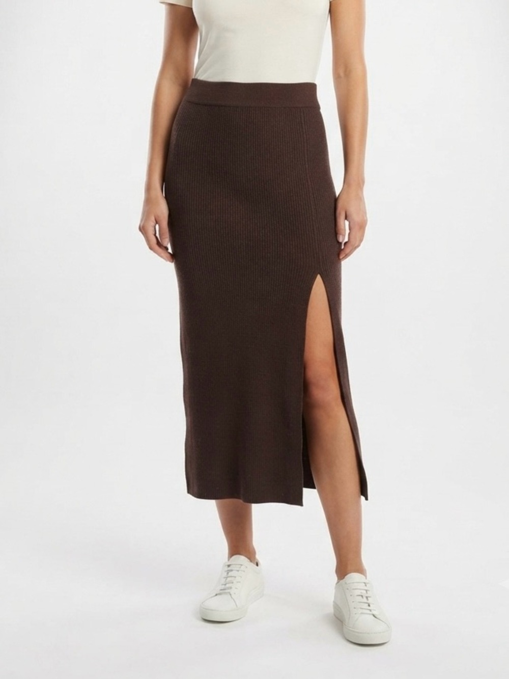 J LUX LABEL Brown Ribbed Knit Midi Skirt Womens Size XS High Slit Long Boho⁠